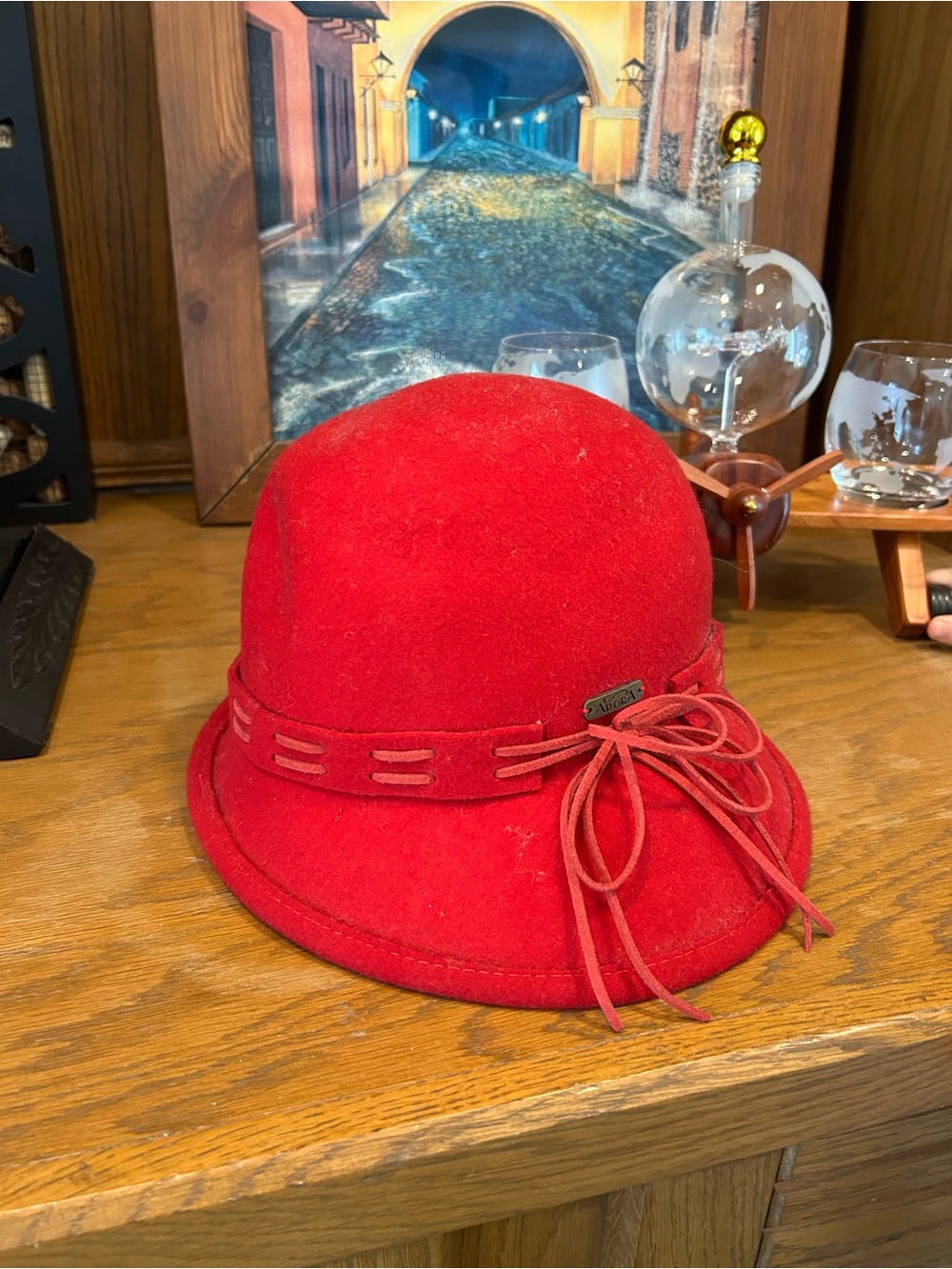 ADORA Red Felt Cloche Hat with Bow Accent